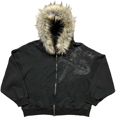 RICHTRUE Therian Fur Hood Jacket Y2k Goth Zip Up Hoodie Oversized Graphic Sweatshirt Emo Grunge Streetwear Fall Winter 2025