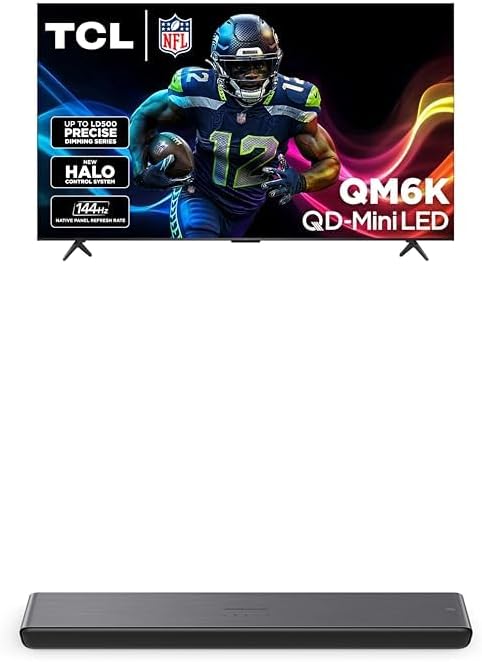 TCL 55-Inch QM6K QLED 4K Smart QD-Mini LED TV with Google TV (55QM6K, 2025 Model) + S45H S Class 2.0 Channel Sound Bar with Dolby Atmos