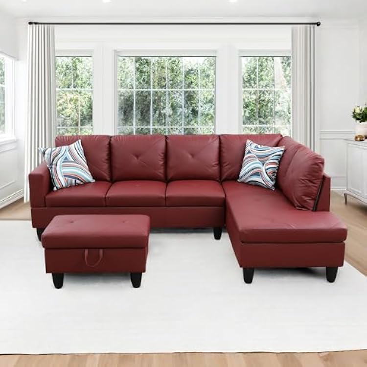 L Shaped Couch Sectional Couch Modern Sofas for Living Room Faux Leather Sofa Bed Couch with Storage Ottoman, Chaise and Back Cushions for Reception Room and Apartment, Dark Red