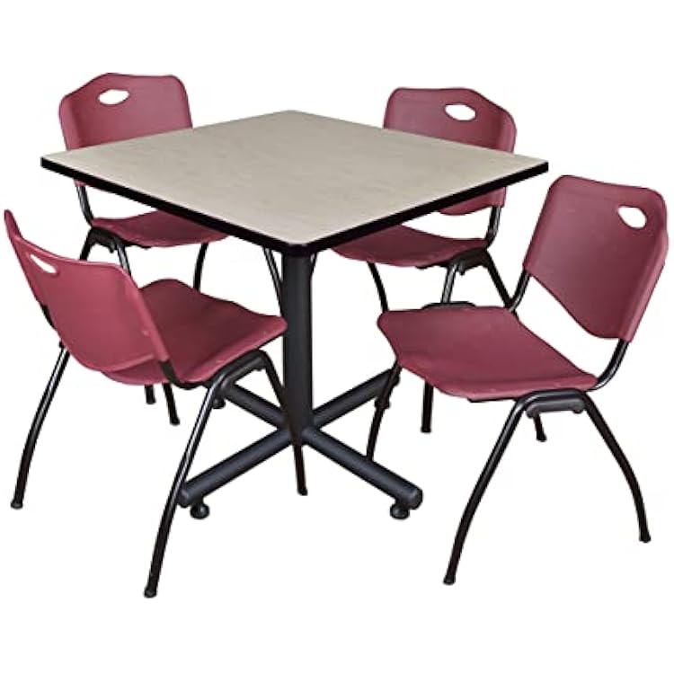 Regency Kobe 42 in. Square X-Base Breakroom Table- Maple, 4 M Stack Chairs- Burgundy
