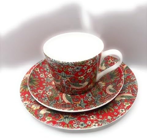 Heritage Fine Bone China Cup, Saucer and Side Plate Set, William Morris Red Strawberrry Thief Design, 7 fl oz Cup, 3 Piece Dinnerware Set