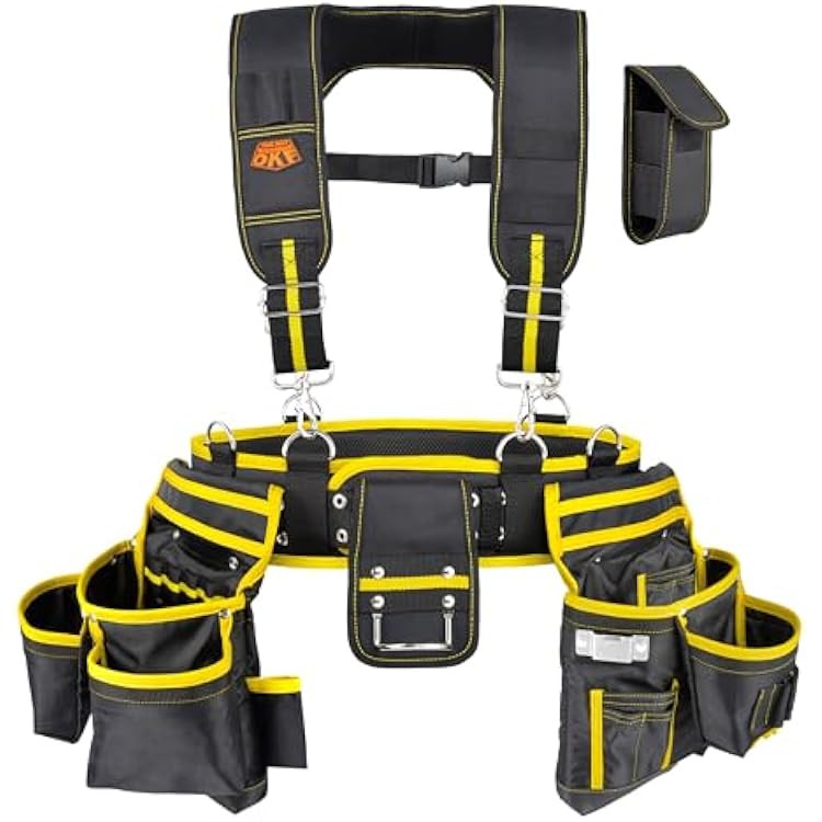 OKF 6-Piece Tool Belt with Suspenders,Magnetic Phone Holder and Hand Drill Tool Pouch Tool Rig for Framers Electrician 1680D Polyester Fabric,20 pockets,Black & Yellow,36-49In,5.5lb