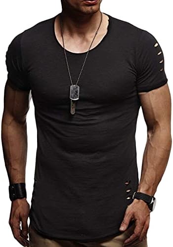 Men's Summer Ripped Muscle Shirt Tops Slim Short-Sleeve Ripped Crewneck T-Shirt Punching Short Sleeve T-Shirt