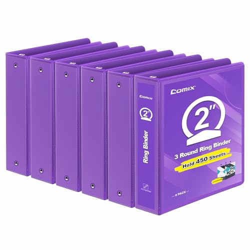 COMIX 3 Ring Binder 2 inch with Clear View Cover, 2 View Binder Holds 450 Sheets of US Letter Size Paper, 6 Pack Purple