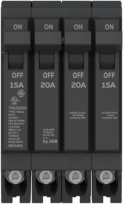 ABB Q-Line THQLQ152015 Quad Circuit Breaker 15A/1P, 20A/2P, 15A/1P Configuration 120/240 VAC, 10 kAIC Thermal Magnetic Trip Space-Saving Plug-in Mount Type