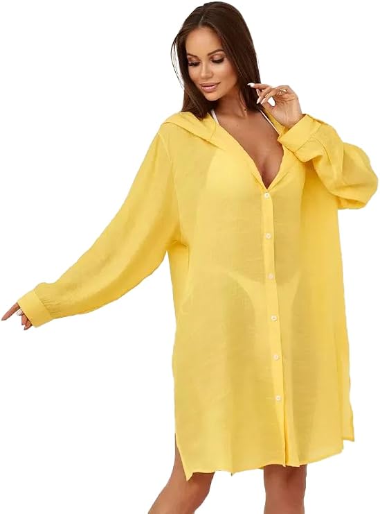 Women Long Sleeve Button Down Shirts Oversized Swimsuit Cover Up Casual Blouse Sexy See Through Beach Vacation Top
