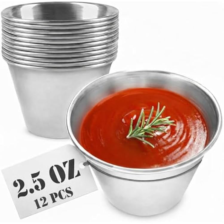12 Pcs Dipping Sauce Cups - Metal Ramekins with Stackable Design, Sauce Ramekins 2.5 Oz 2.3 Diameter - Portion Control Stainless Steel Condiment Cups for Hot & Cold Sauces, Charcuterie, Table Serving