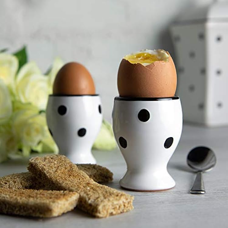 City to Cottage Ceramic Egg Cup Holder set of 2, Soft Boiled Egg Cups, Hard Boiled Eggs Stand Holders, Breakfast Cooking Kitchen Egg Serving Cup, Handcrafted Egg Cup White & Black Polka Dot