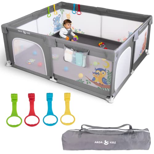 Playpen for Babies and Toddlers Mat Not Included, Extra Large 71x59 Kids Play Pen for Indoor Area with Pull Up Rings, Floor Baby Play Yard for Toddler 1-3, Safe Infant Playard 26-in Fence with Gate