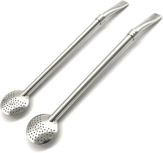 Stainless Steel Mate Bombillas Set | 2 Yerba mate tea straws filter | Ergonomic design | Economic Line | 7.75 in, 19.5 cm long Spoon Style Round
