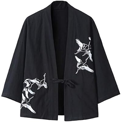 PRIJOUHE Mens Japanese Kimono Jacket Cardigan Yukata Noragi Casual Fashion Seven Sleeves Lightweight Open Front Coat