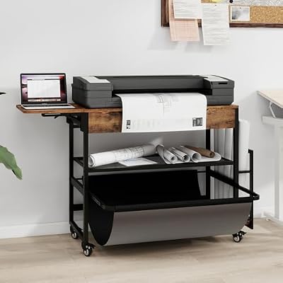 Wide Format Printer Stand with Laptop Station, Plotter Workbench Table with Pull-out Drafting Storage, Roll Paper Holder, Accessory Drawer & Adjustable Shelf for PlottersCutting Machines Retro