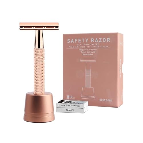 Double Edge Safety Razor with Stand, Reusable Metal Single Blade Razors for Men and Women, with 10 Platinum Coated Double Edge Safety Razor Blades, Women's Safety Shaving Razors, Rose Gold