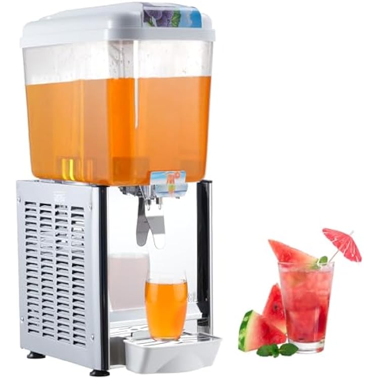 Commercial Ice Beverage Dispenser, 1 Tanks 4.8 Gallon Stainless Steel Drink Dispenser with Thermostat Control, 300W 18L Cold Juice Dispenser for Cafeterias, Hotel Parties,Sliver