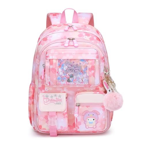 Kawaii Kids Backpack for Girls - Teen Girls School Bag, Water Resistant Bookbag for Elementary Middle School Kids Backpack with Cute Keychains Pink
