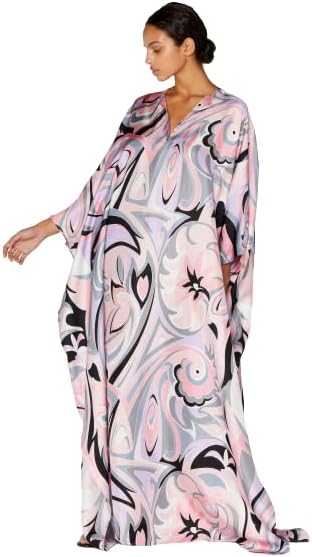 Designer Printed Satin Silk Casual Wear Kaftan for Women,Boat Neck Silk Caftan Dress, Kaftan for Woman,Maxi Long Dress, Gift for Kaftan(Pink & Black)