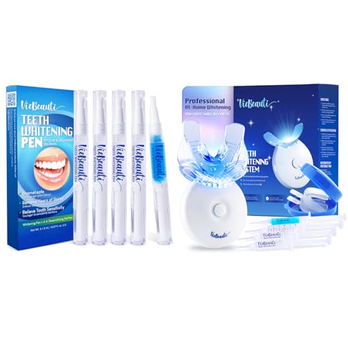 VieBeauti Teeth Whitening Bundle 5 Whitening Pens & LED Whitening Kit with Remineralizing Gel Professional at-Home Teeth Whitening for Sensitive Teeth, 35% Carbamide Peroxide Mint