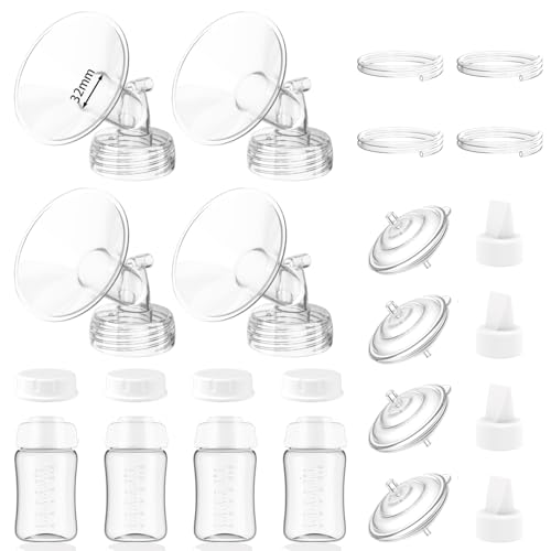 4packs 32mm Full Breast Replacement Pump Parts for Spectra S1 S2 9 Plus Synergy Gold Include 13mm Flange,Valve,Backflow Protector,Tube,Bottle,Caps, Fit for Motif Luna Cimilre Ameda MYA Pump
