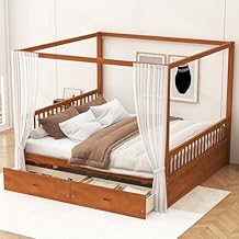Harper & Bright Designs Canopy Bed Frame King Size,Wooden Four Posters Canopy Platform Bed Frame with 2 Drawers,Headboard and Footboard,No Box Spring Needed,Walnut