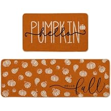 Artoid Mode Orange Hello Pumpkin Fall Kitchen Mats Set of 2, Autumn Home Decor Low-Profile Kitchen Rugs for Floor - 17x29 and 17x47 Inch