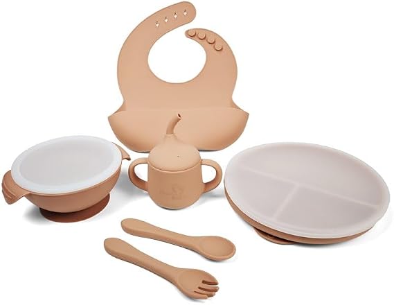 Silicone Baby Feeding Set| Silicone Divided Suction Plate and Bowl with Lids |Toddler Feeding Set| Training Cup with Straw|Fork Spoon Bib| Toddler Baby Led Weaning Supplies (Pink)