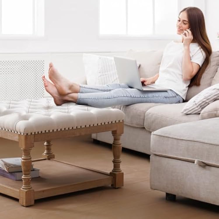LANELIFE Oversized Ottoman Solid Wood Burlap Sponge Pouf Living Room Large Square Fabric Upholstered Foot Rest Beige European Coffee Table,Midcentury Bedroom Makeup StoolOff White