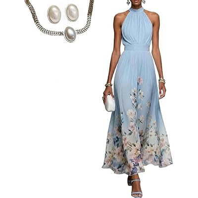 Floral Chiffon High Neck Halter Maxi Dress, Ethereal Floral Cocktail Halter Dresses for Women Wedding Guest