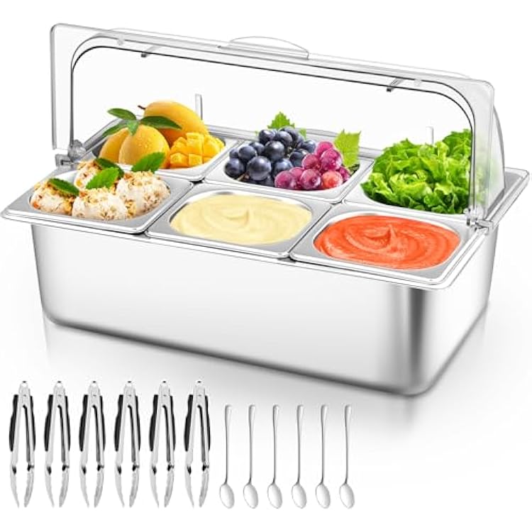 Countertop Food Serving Display Container with Clear Roll Top Cover, Stainless Steel Salad Serving Tray Condiment Dispenser Ice Food Serving Display Tray for Buffet Restaurant Kitchen Party6 Pan