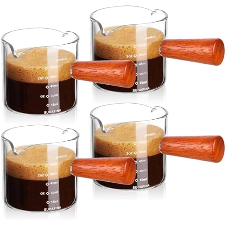 4 Pack Espresso Cups with Wood Handle, 75ml Double Spouts Measuring Triple Pitcher Milk Cup, Clear Espresso Shot Glasses Glass Milk Frothing Pitcher 3.5oz