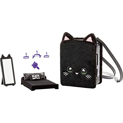 Na Na Na Surprise 3-in-1 Backpack Bedroom Playset with Fashion Doll Tuesday Meow in Exclusive Outfit | Black Fuzzy Kitty Bag, Real Mirror, Closet with Drawer, Pillows, Blanket | Kids Ages 5