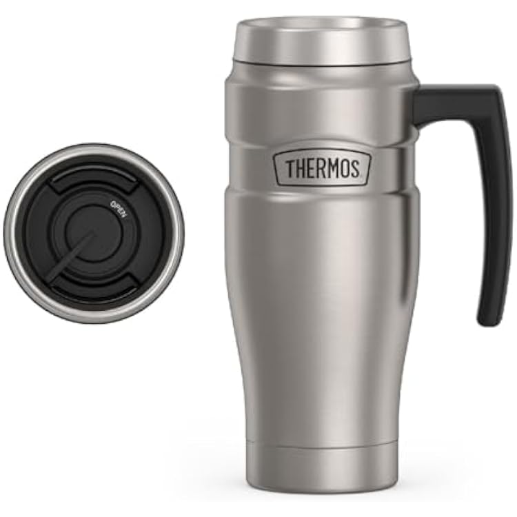 THERMOS Stainless King Vacuum-Insulated Travel Mug with Handle - 16oz, Matte Steel - Thermos Tumbler for Hot & Cold Drinks - Leak-Proof & Sweat-Proof Stainless Steel Coffee Mug with Lid for Commuting
