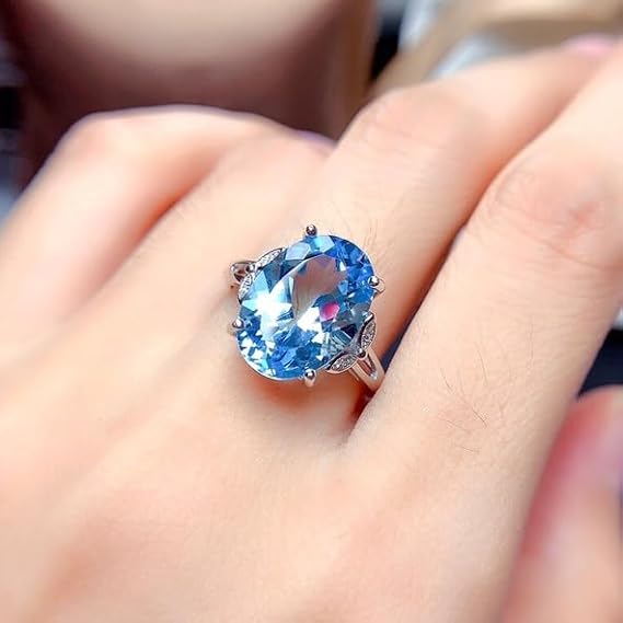 Oval Sapphire Rings for Women Halo Diamond Engagement Birthstone Band Topaz Created Blue Sapphire 925 Sterling Silver Made with Infinite Elements Zirconia Promise Rings Adjustable(Sea Blue Leaf)