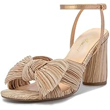 Athlefit Women's Open Toe Chunky Heels Pleated Bow Ankle Strap Heeled Sandals Wedding Bridal Shoes