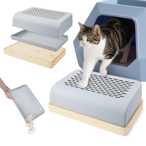 Cat Ramp for Litter Box with Wooden Base, Catcan Litter Box Step with Filter Function Double Layered Self-Cleaning Cat Litter Trapper for Small & Elderly Cats