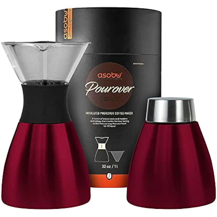 asobu Insulated Pour Over Coffee Maker 32 oz. Double-Wall Vacuum, Stainless-Steel Filter and Take on the Go Carafe Burgundy