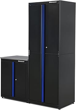 Montezuma Garage Tool Storage System - 2Piece Combo Workbench with Locking Cabinet & Stainless Steel Worktop - EC-EH