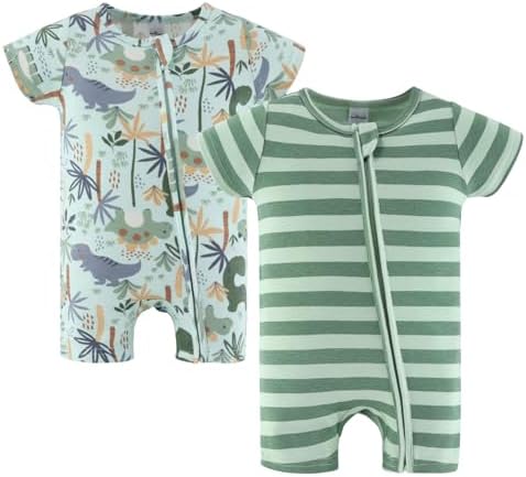 The Peanutshell Baby Boy Rompers 2 Pack - 100% Cotton Clothes, Rompers for Newborn, Infant, and Baby Boy - Green Dino