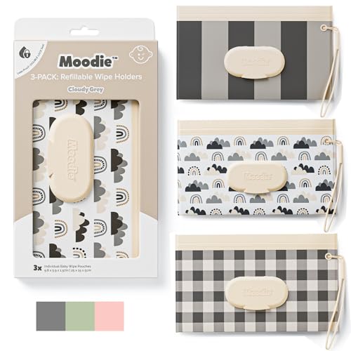 3PACK Baby Wipes Holder | Refillable Wipes Container wDOUBLE-LOCK SEAL |Travel Wipe Case | Portable Wipe Dispenser | Reusable Wipes Pouch Cloudy Grey, 3 PACK