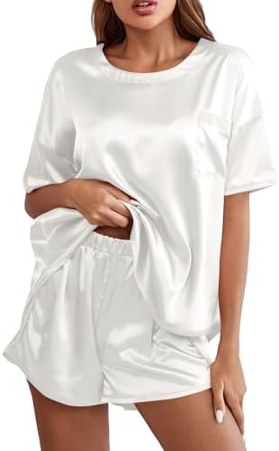 LYANER Womens Satin Silky Pajama Set Short Sleeve T-shirt With Shorts Set PJ Loungewear