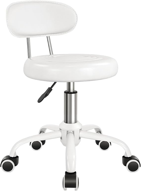 WKWKER Rolling Stool with Wheels Swivel Stool with Back Height Adjustable Chair PU Leather Ideal for SPA Salon Home Office Drafting Work (WHITE)