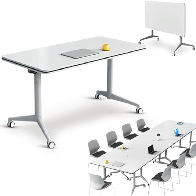 Folding Conference Table Flip Top Meeting Table,White Conference Room Training Table with Lockable Wheels,Mobile Rectangular SeminarTables for Office,Classroom 1pc, 55.1inch