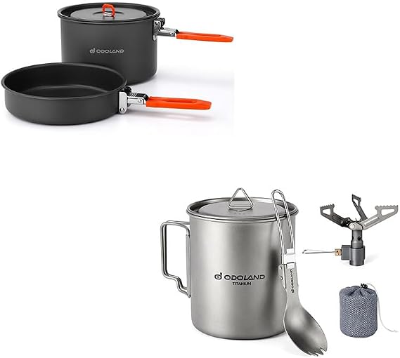 Odoland Bundle - 2 Items Camping Cookware Mess Kit and Titanium Camping Cookware 750ML