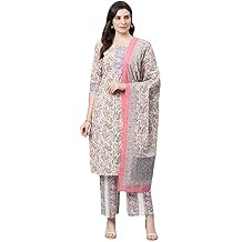 Idalia Womens Cream Floral Straight Cotton Kurta With Palazzo Pant and Dupatta Set