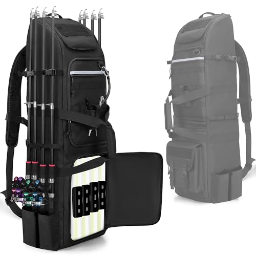 Rexmica Fishing Rod Bag Backpack Holds 8 Rods & Reels, Fishing Tackle Bag with Compartment for Tackle Boxes, Fishing Gear or Equipment, Fishing Pole Carrying Bag with Tactical Molle System