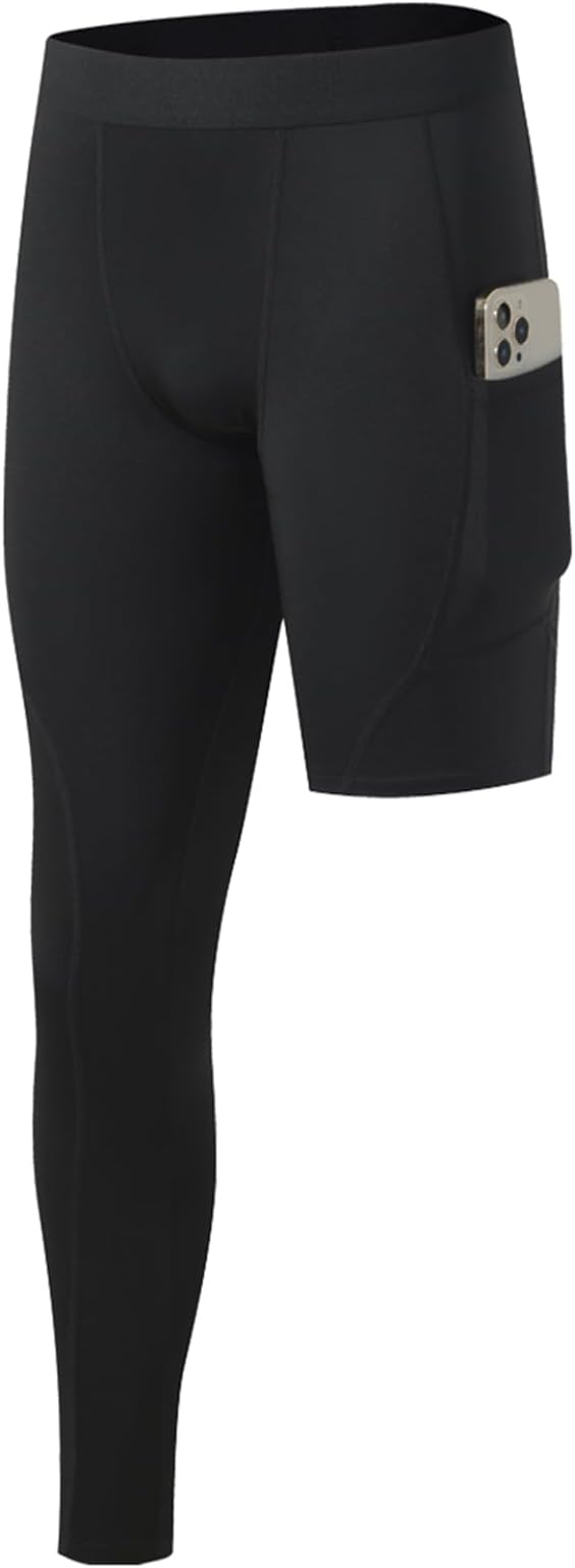 Mens One Leg Compression Pants Full Length Tight for Basketball