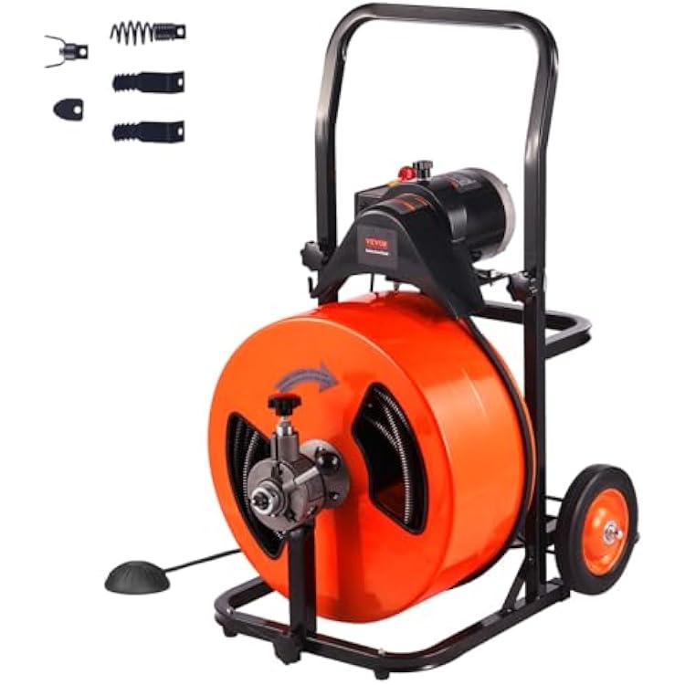 VEVOR 100FT x 34 Inch Drain Cleaner Machine Sewer Auger Auto Feed with 4 Cutter & Air-Activated Foot Switch for 4 to 8 Pipes, Orange, Black