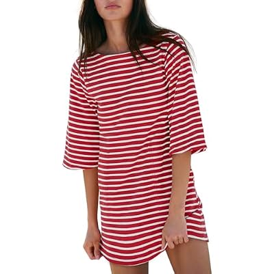 Yousify Womens T Shirt Dress Cotton Summer Dresses 2026 Casual Loose Short Sleeve Striped Mini Dress with Pockets