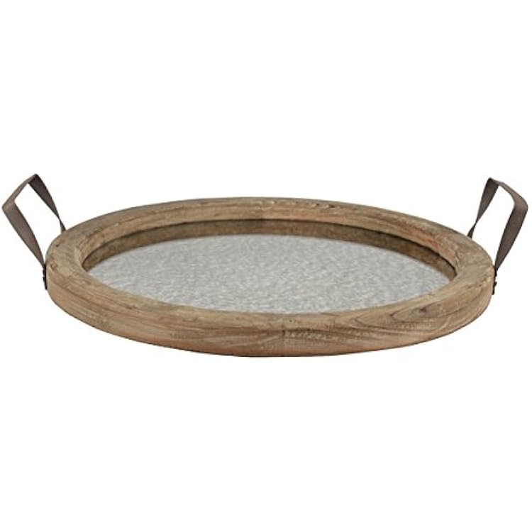 Stonebriar Round Brown Wood Serving Tray with Metal Handles and Distressed Mirror, Rustic Butler Serving Tray, Vintage Centerpiece or Candle Holder, Small