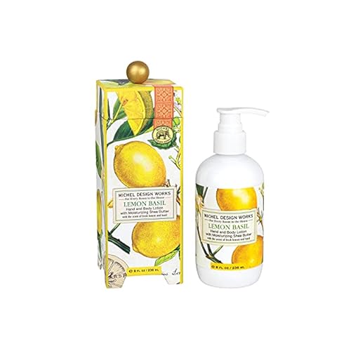 Michel Design Works Hand and Body Lotion 8oz, Lemon Basil Scent and Design, Shea Butter and Aloe Vera Blend, Beautiful Container with Pump