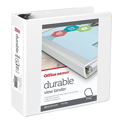 Office Depot Brand Durable View D-Ring Binder, 4 Rings, 59% Recycled, White